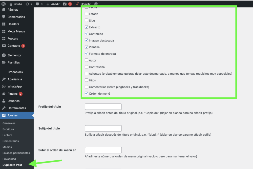 Duplicar páginas en Wordpress en 5 pasos 4 Configurar Yoast Duplicate Post: Qué Copiar Y Permisos.